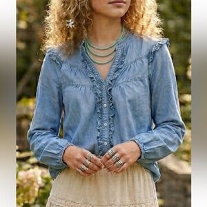 Anthropologie Maeve Chambray Ruffle Long Sleeve Blouse Size Small